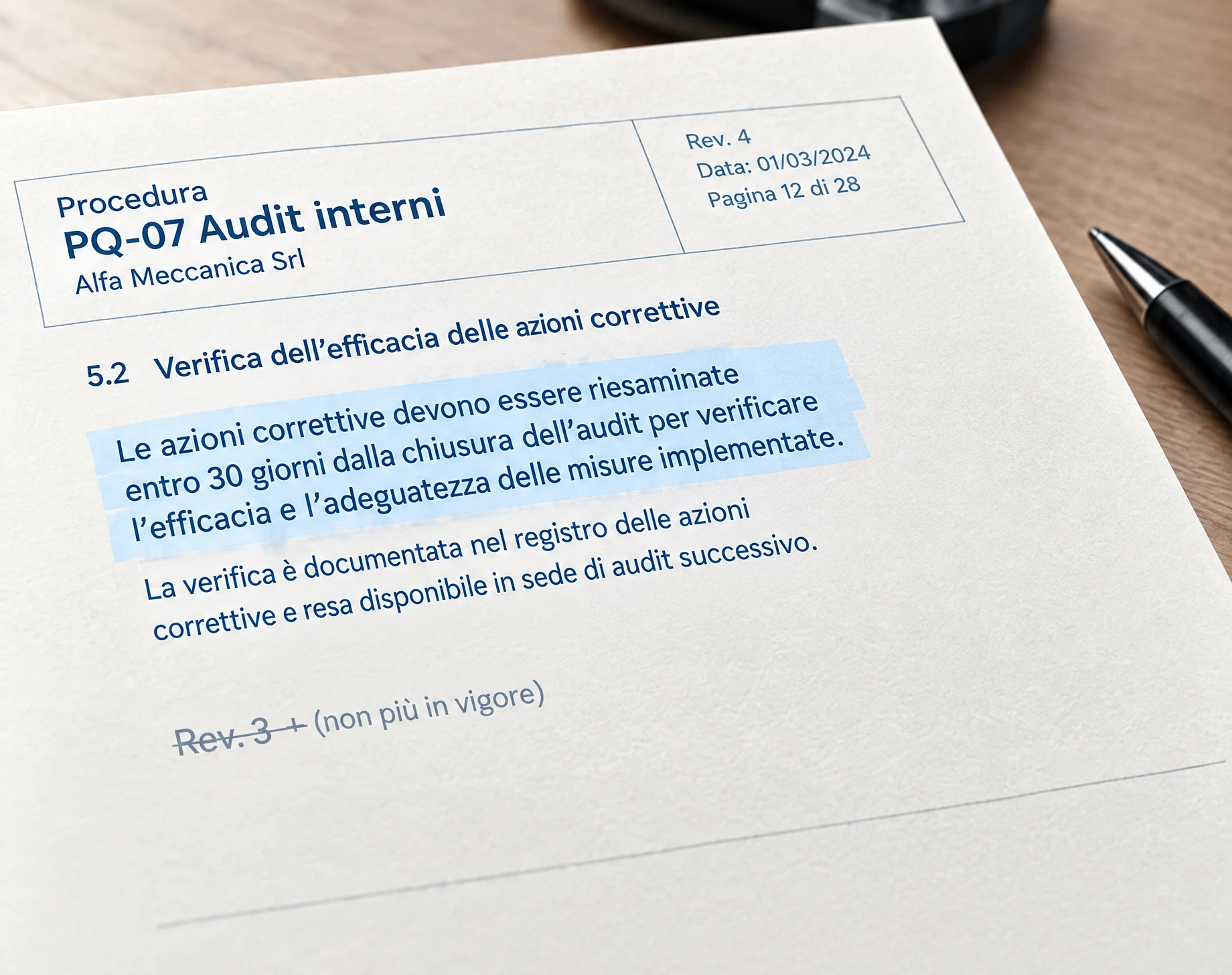 Procedura PQ-07 Audit interni con passaggio evidenziato